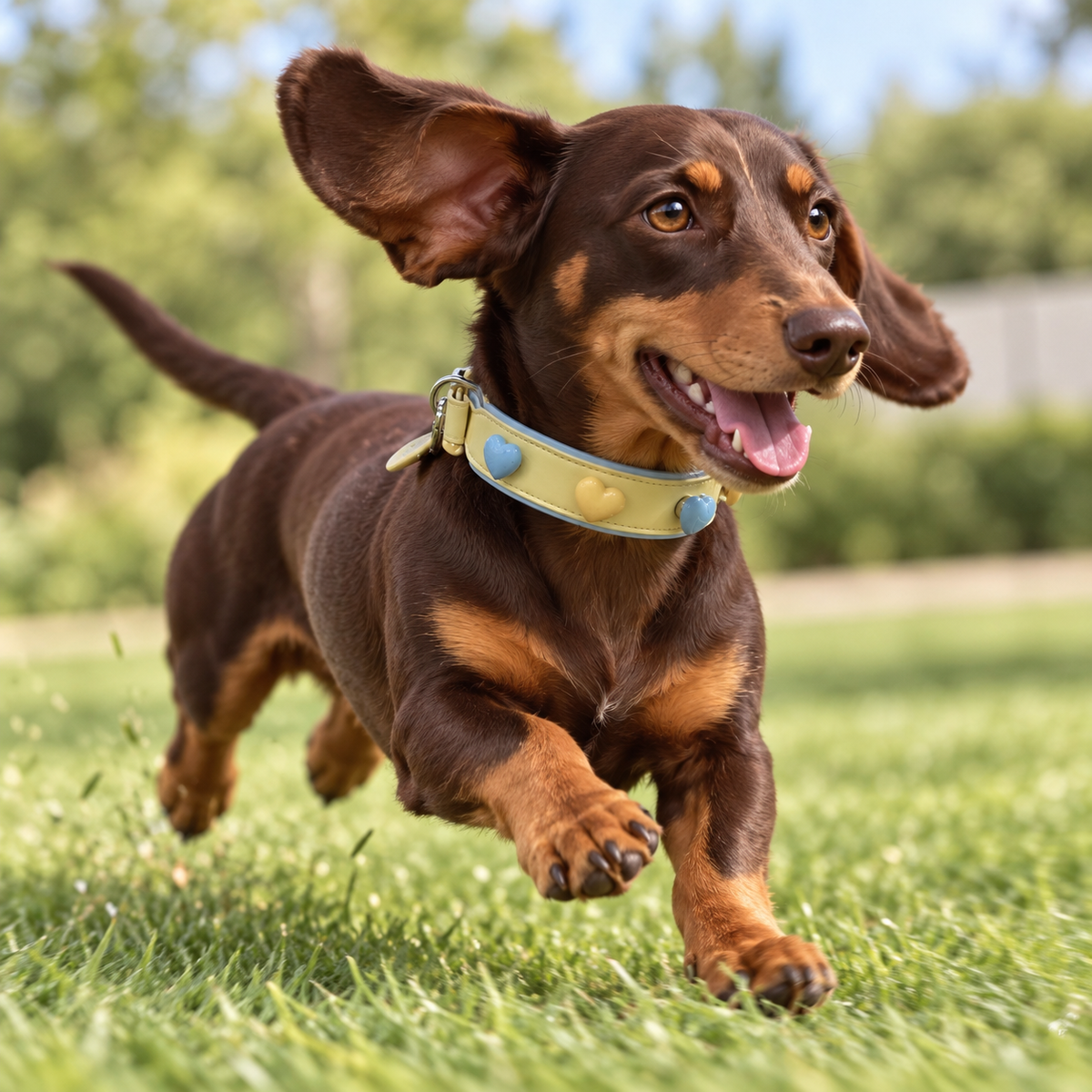 Dachshund wearing a yellow Petiria collar styled with colorful pastel heart dog collar charms