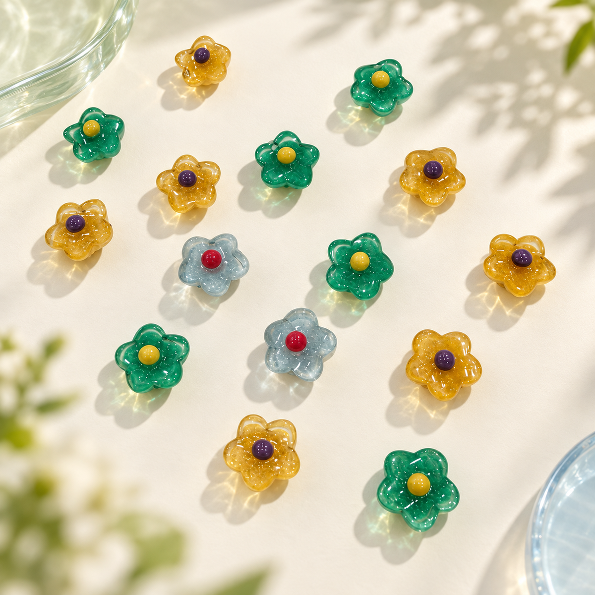Pastel mini flower dog collar charms featuring blue, yellow and green five-petal floral designs