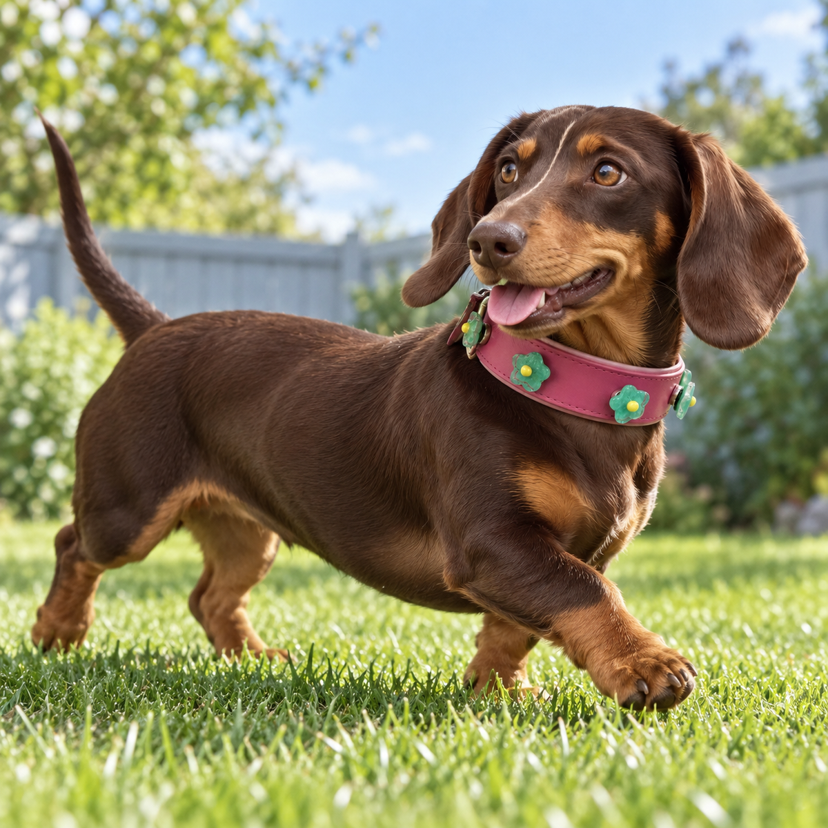 Dachshund wearing a pink collar styled with colorful pastel mini flower dog collar charms