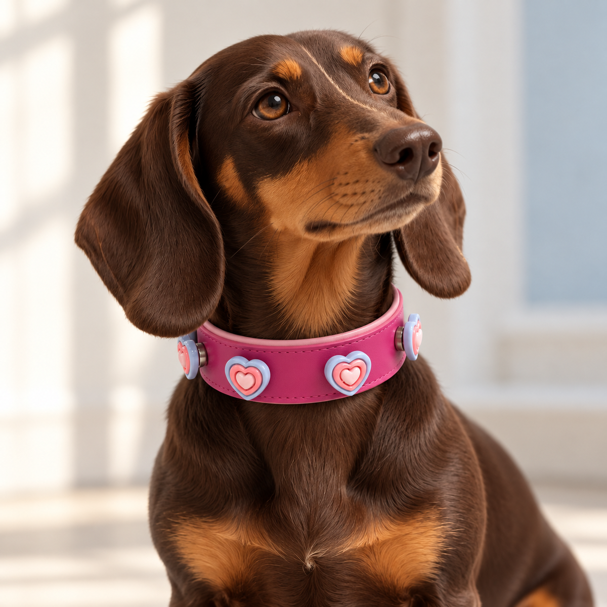 Dachshund wearing a pink Petiria collar with pastel heart dog collar charms