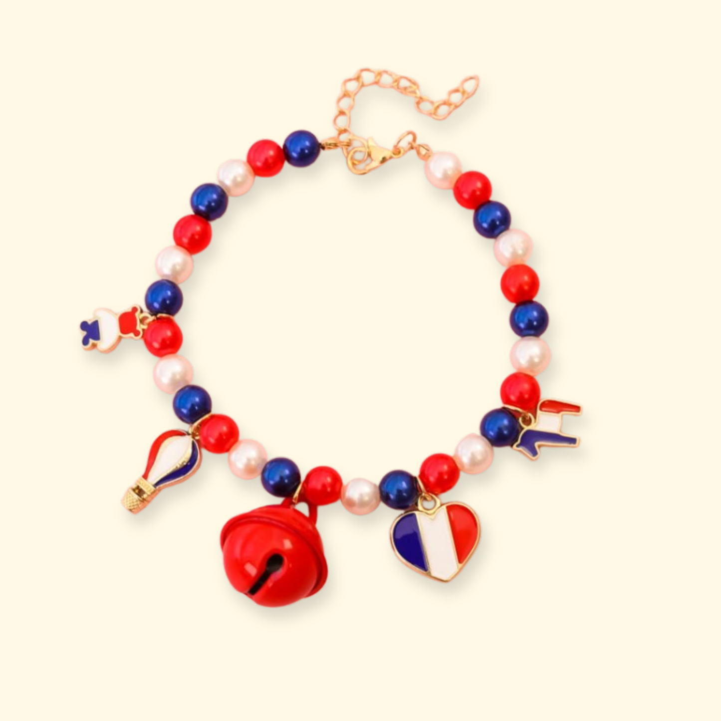 Red white and blue dog necklace with hot air balloon charm, American flag charm and star charm for patriotic summer dog accessories