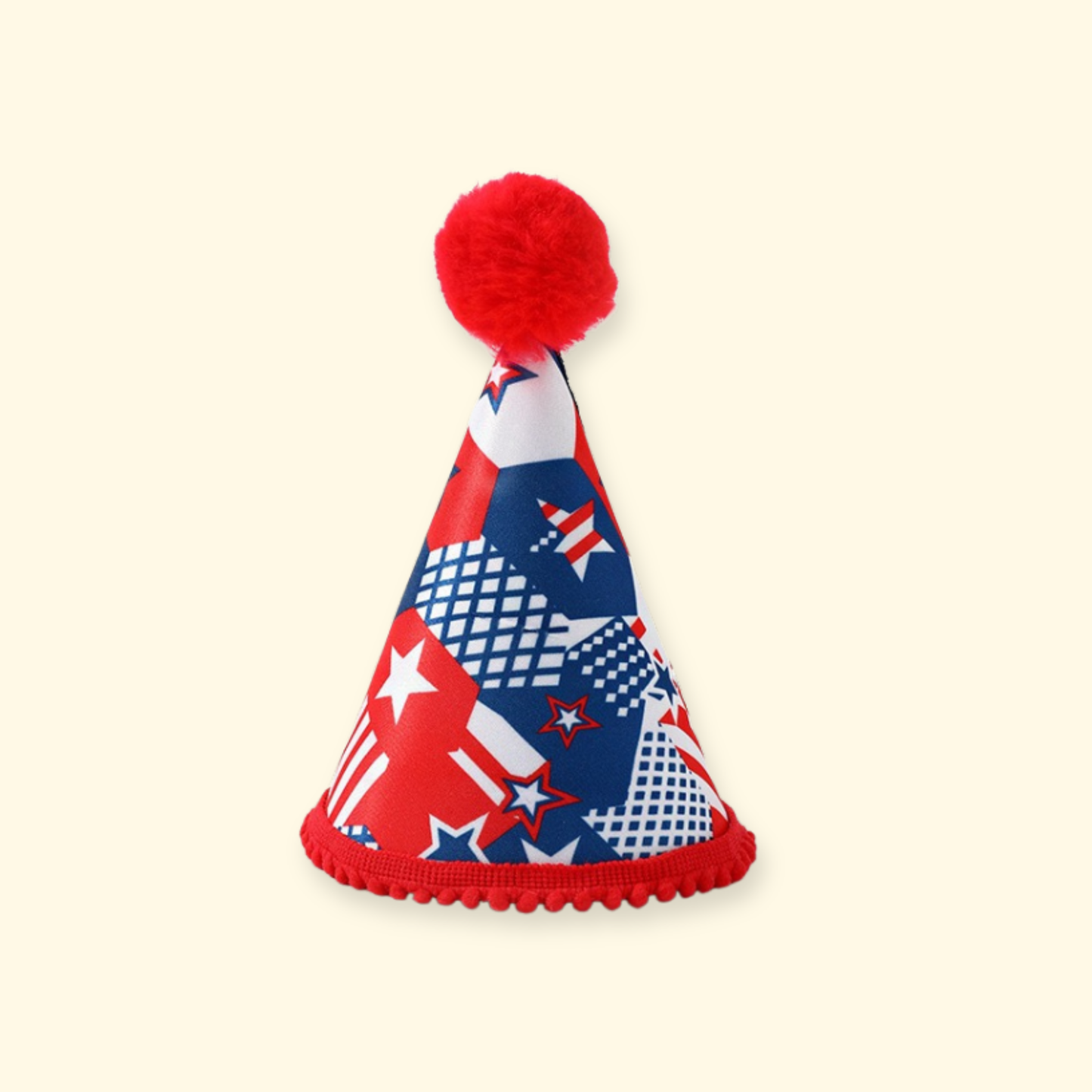 Red, white, and blue pet party hat for dogs and cats, featuring a fun pom pom, perfect for celebrations