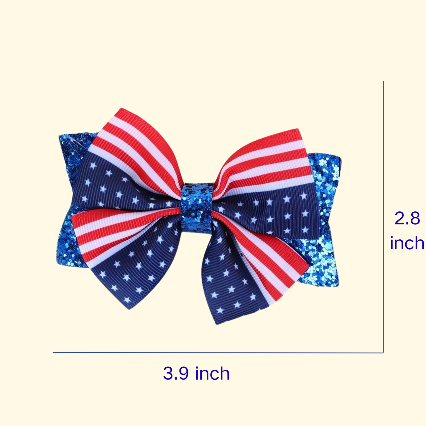 Size guide for patriotic dog hair bow clip showing 3.9 inch width and 2.8 inch height