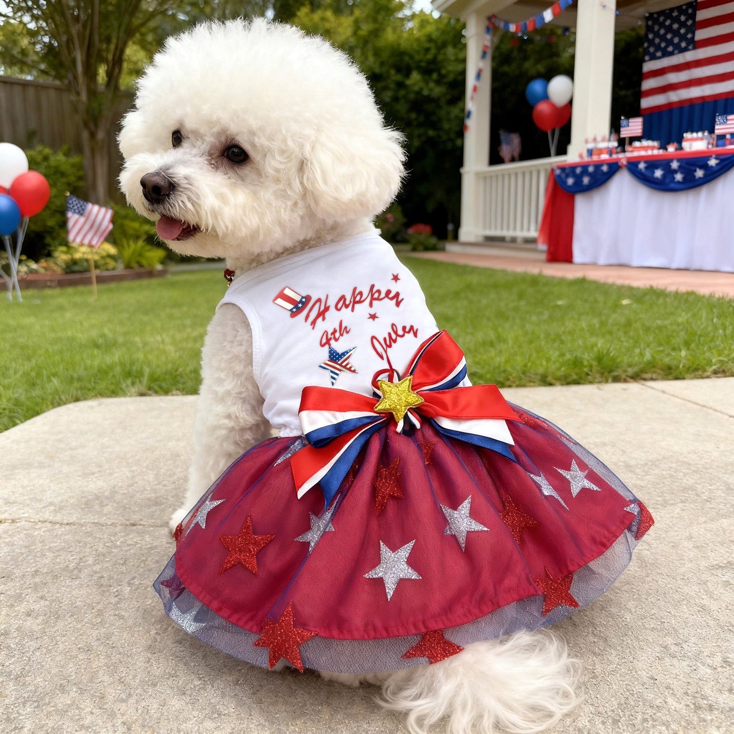 Fluffy white puppy wearing a red and white patriotic tutu outfit for July 4th backyard party celebrations