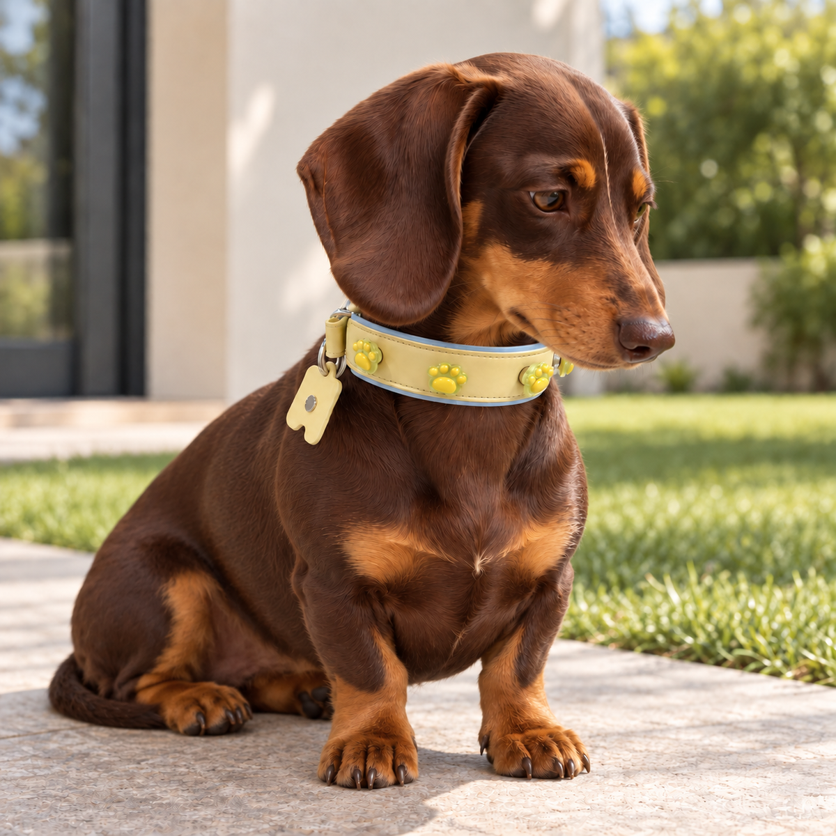 Dachshund wearing a yellow Petiria collar with colorful paw print dog collar charms