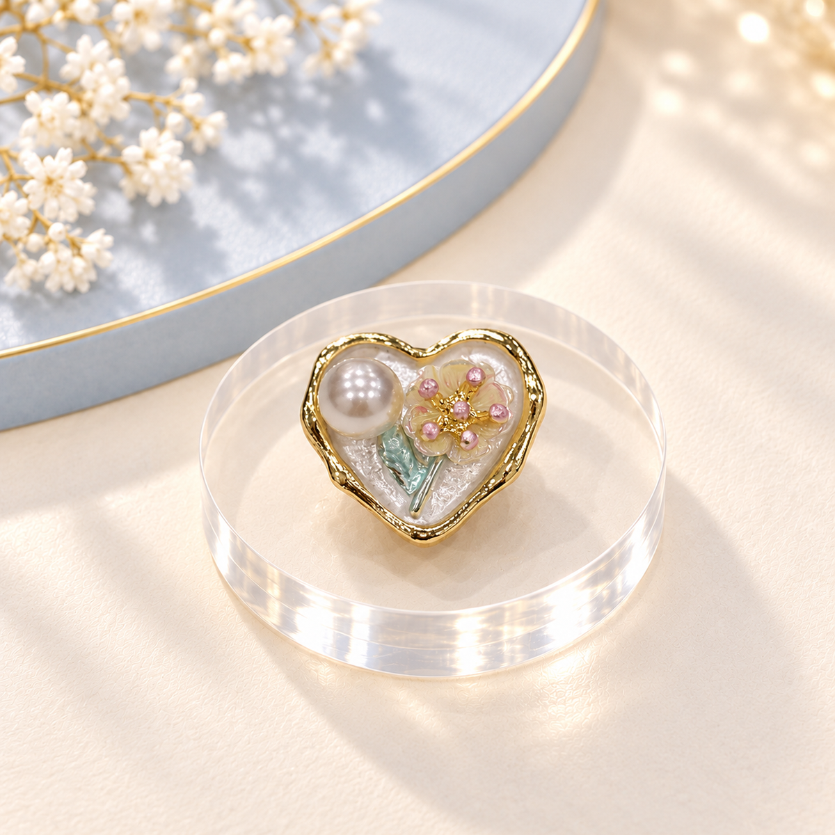 Pearl Blossom Heart dog collar charm with floral details and gold-tone trim