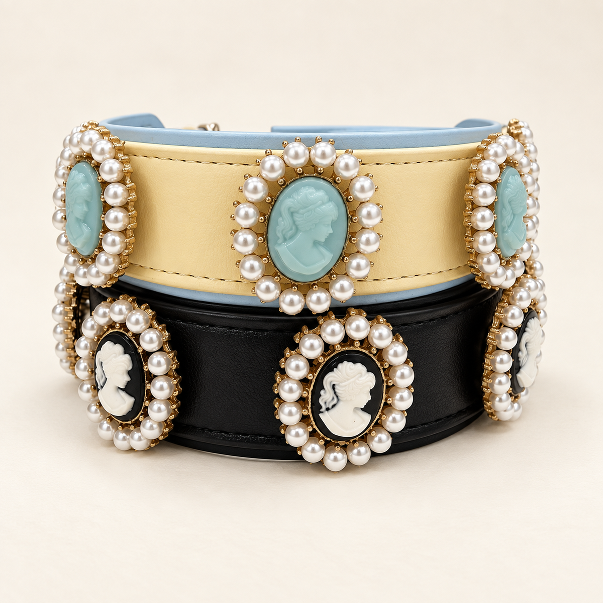 Vintage pearl cameo dog collar charms styled on black and yellow interchangeable PETIRIA collars