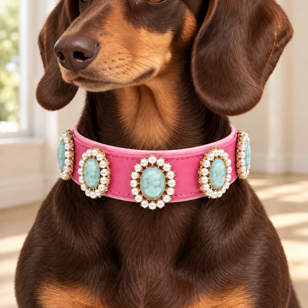 Dachshund wearing a pink collar styled with colorful pearl cameo dog collar jewelry