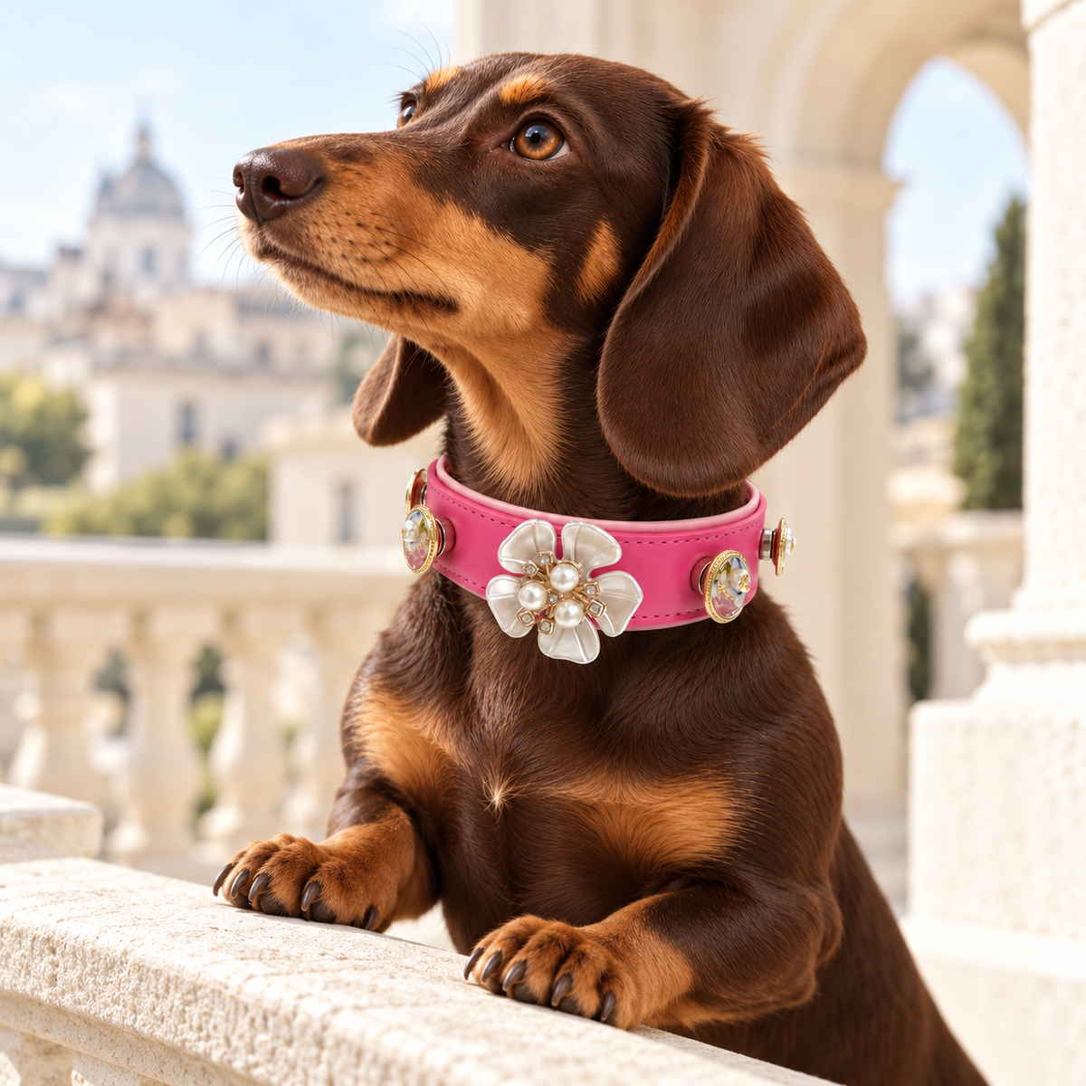 Dachshund wearing a pink collar styled with pearl dog collar jewelry and floral details