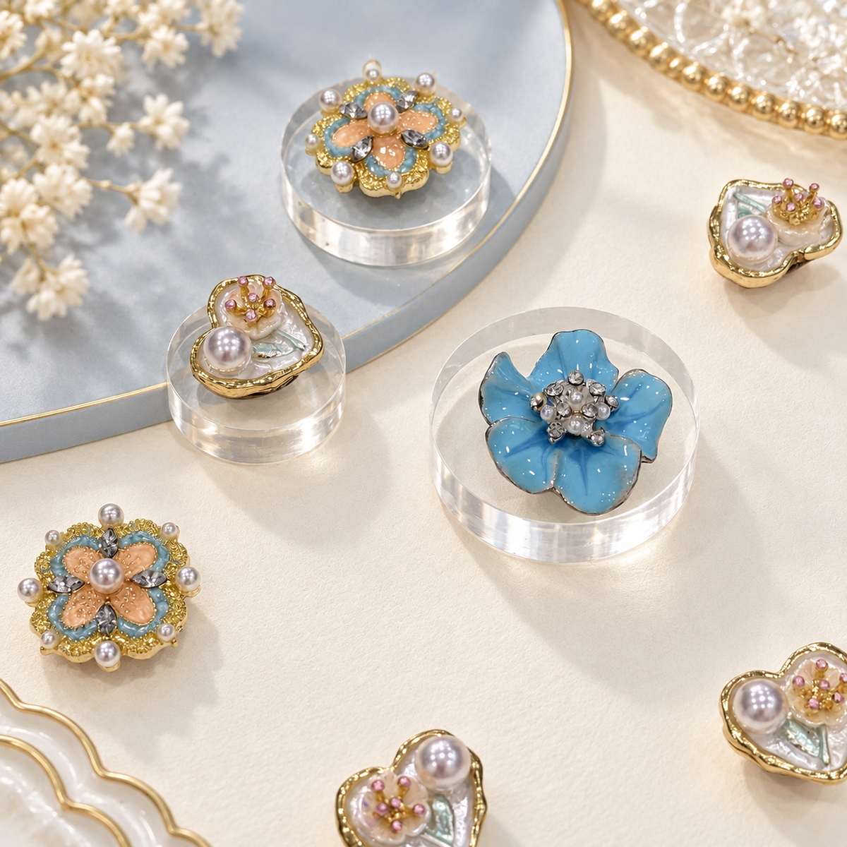 Pearl flower dog collar charms with blue floral, heart and crystal-inspired designs