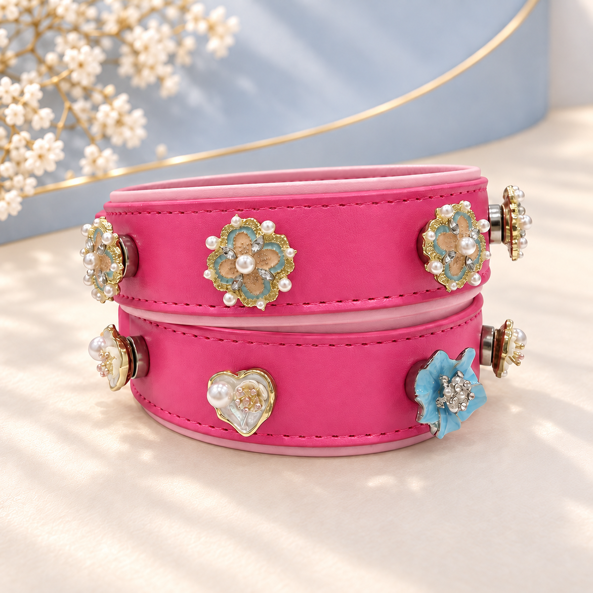 Pearl flower dog collar charms styled on pink PETIRIA collars with floral and crystal details