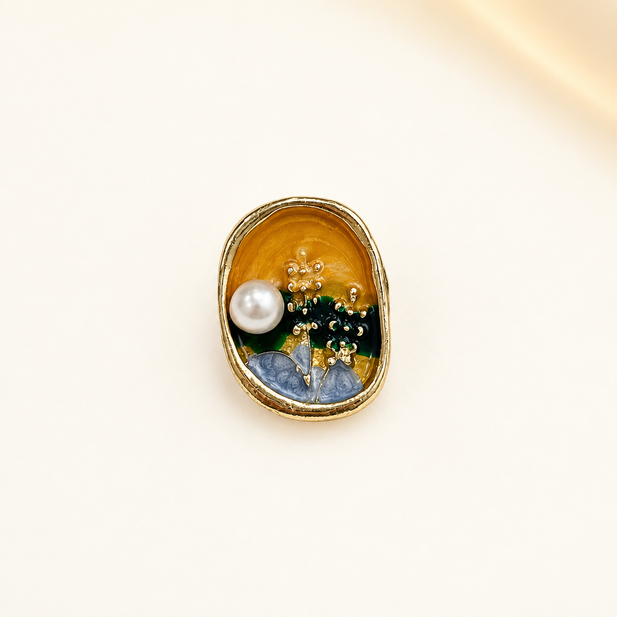 Pearl Garden Cameo dog collar charm with a pearl accent, oval gold-tone frame and miniature landscape design