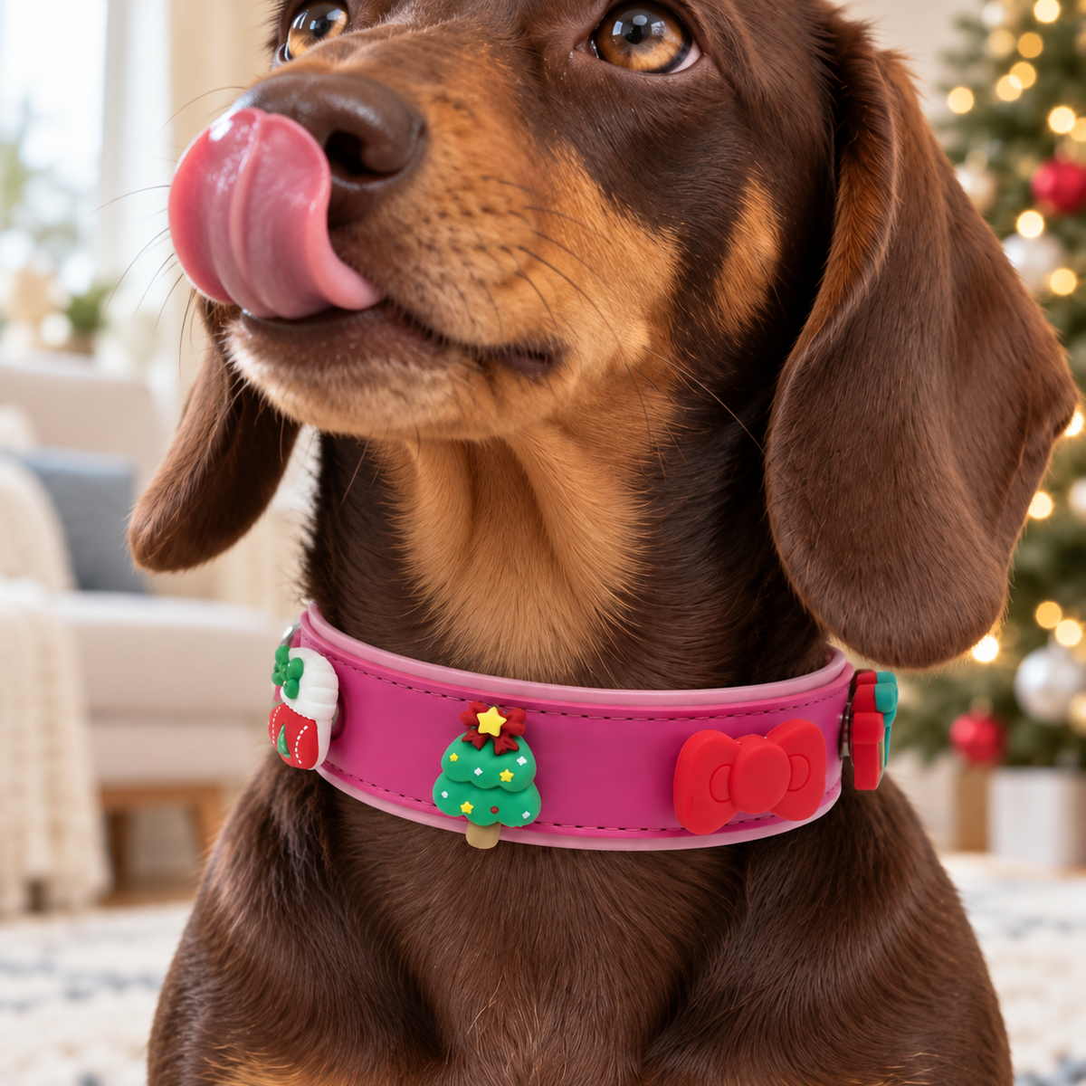 Dachshund wearing a personalized Christmas dog collar with tree, gift, snowman and interchangeable holiday charms