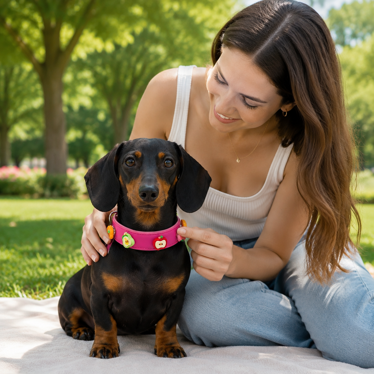 Dog owner styling a personalized dog collar with interchangeable charms during an outdoor walk in the park