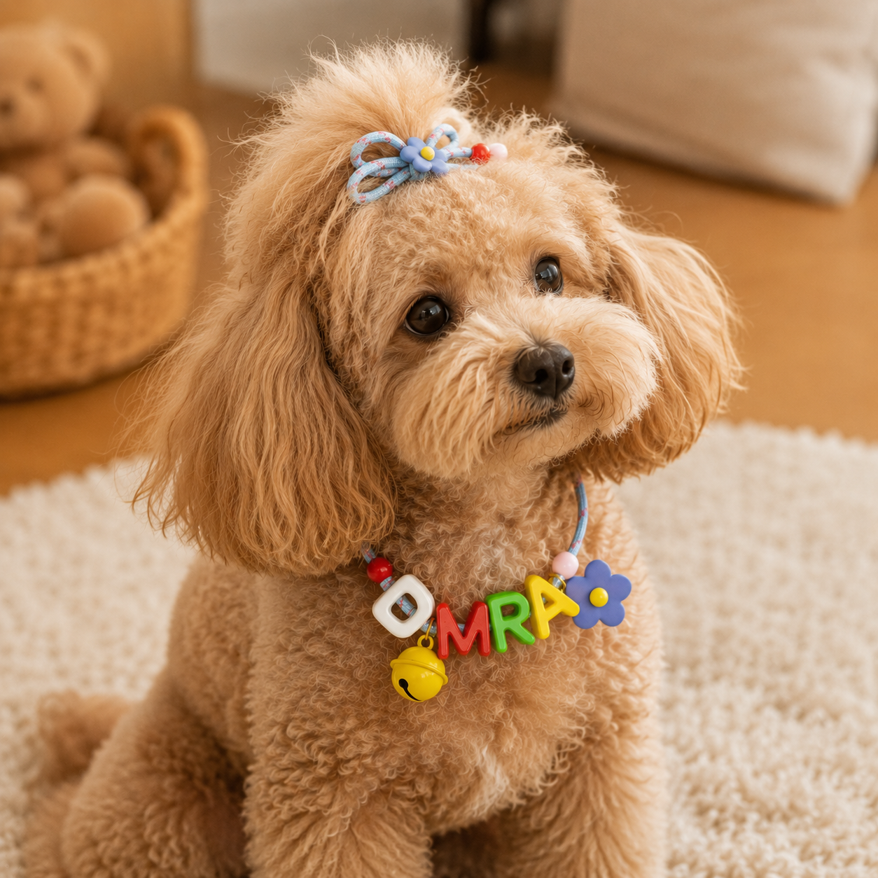 Personalized dog collar with colorful letter charms on an apricot poodle, custom pet name collar with interchangeable alphabet charms