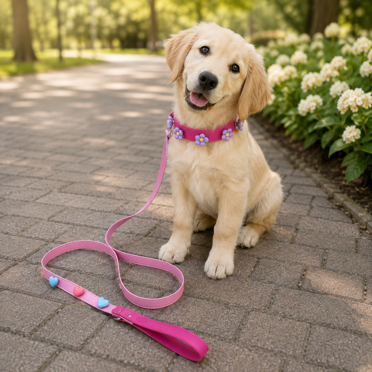 Golden retriever puppy wearing a pink personalized dog leash with interchangeable charms for stylish everyday walks