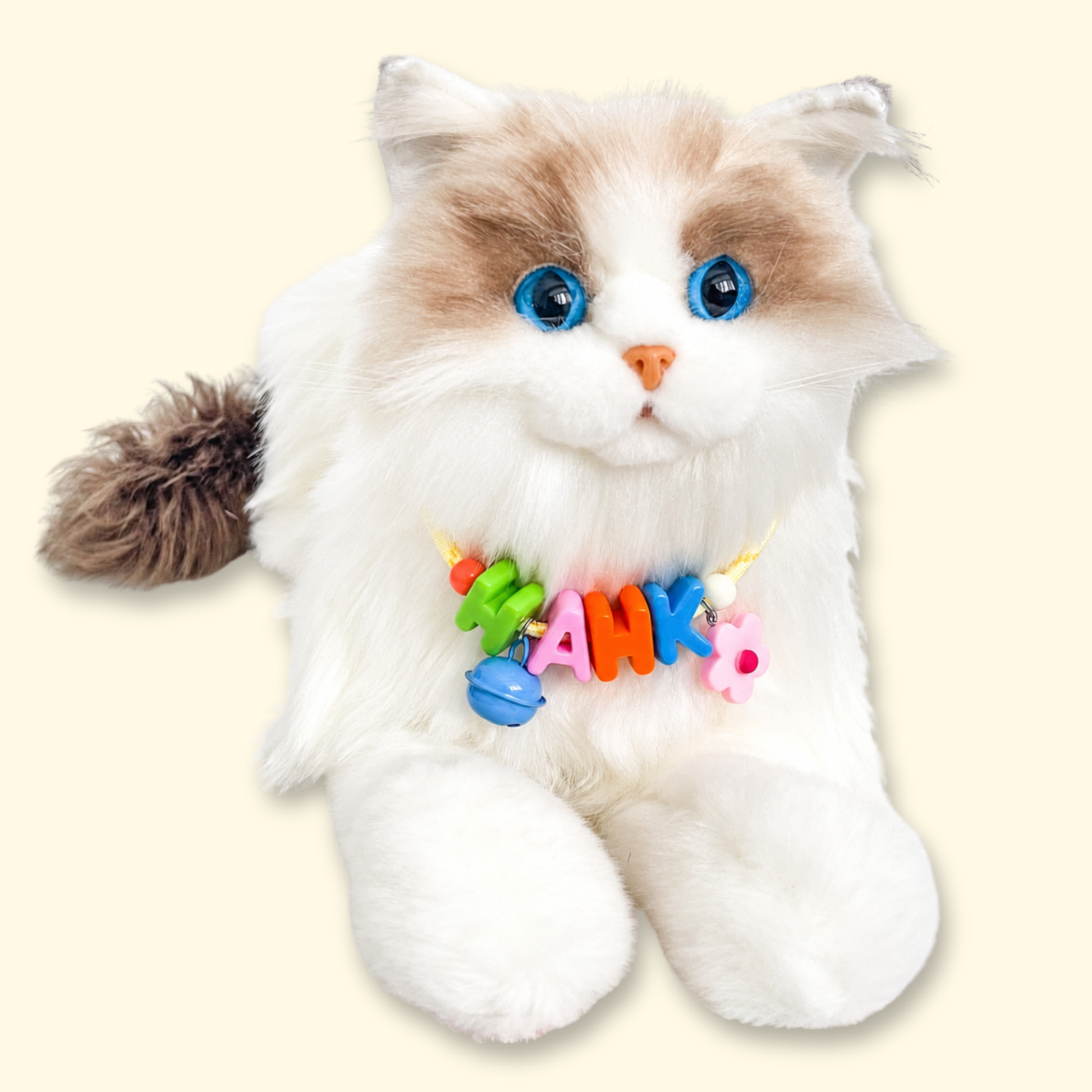 Fluffy cat wearing a personalized colorful letter collar with custom name charms and bell by PETIRIA