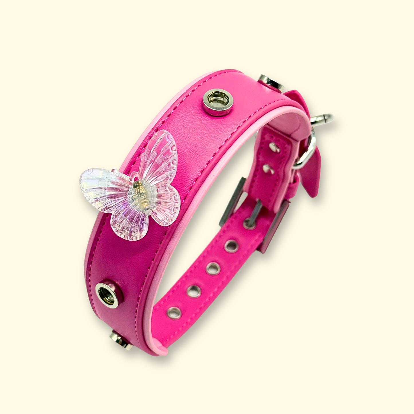Pet Collar with Delicate Butterfly Charm – A pink collar adorned with a delicate butterfly charm, perfect for stylish pets
