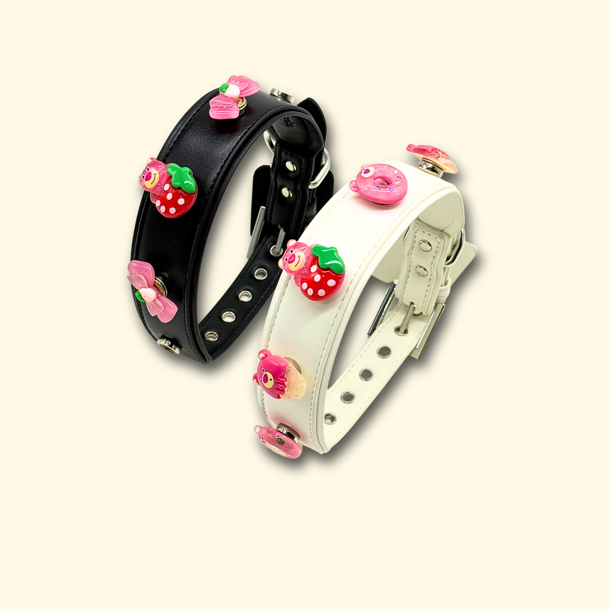 Strawberry Bear Charms attached to a  pet collar with a fun and cute design