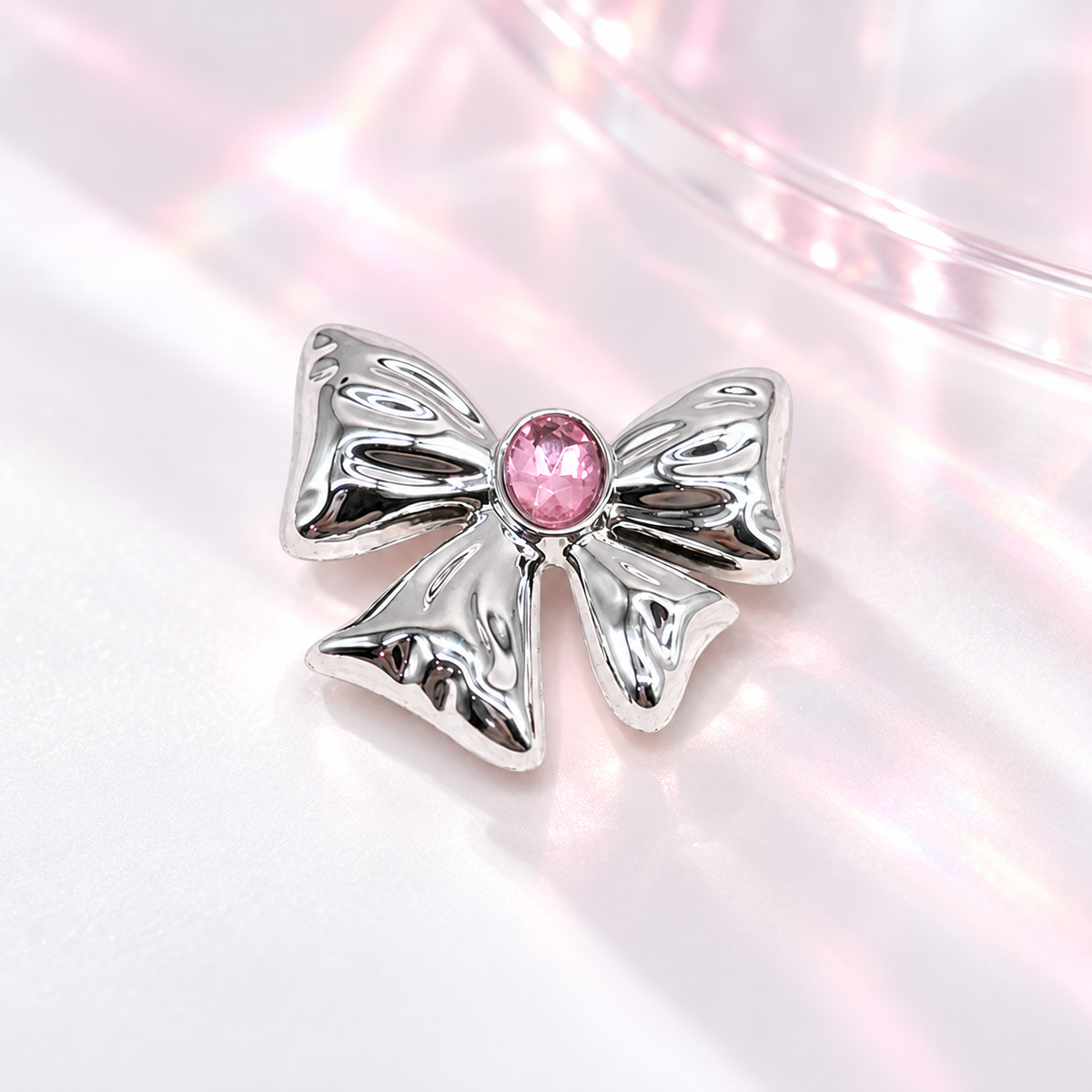 Pink Crystal Bow dog collar charm with a silver-tone ribbon design and sparkling pink crystal center