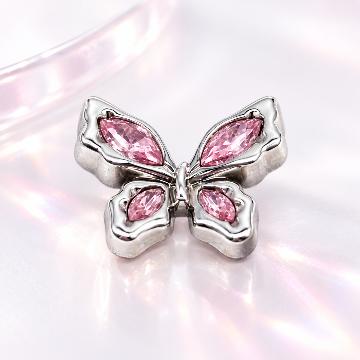 Pink Crystal Butterfly dog collar charm with silver-tone wings and sparkling pink crystal details