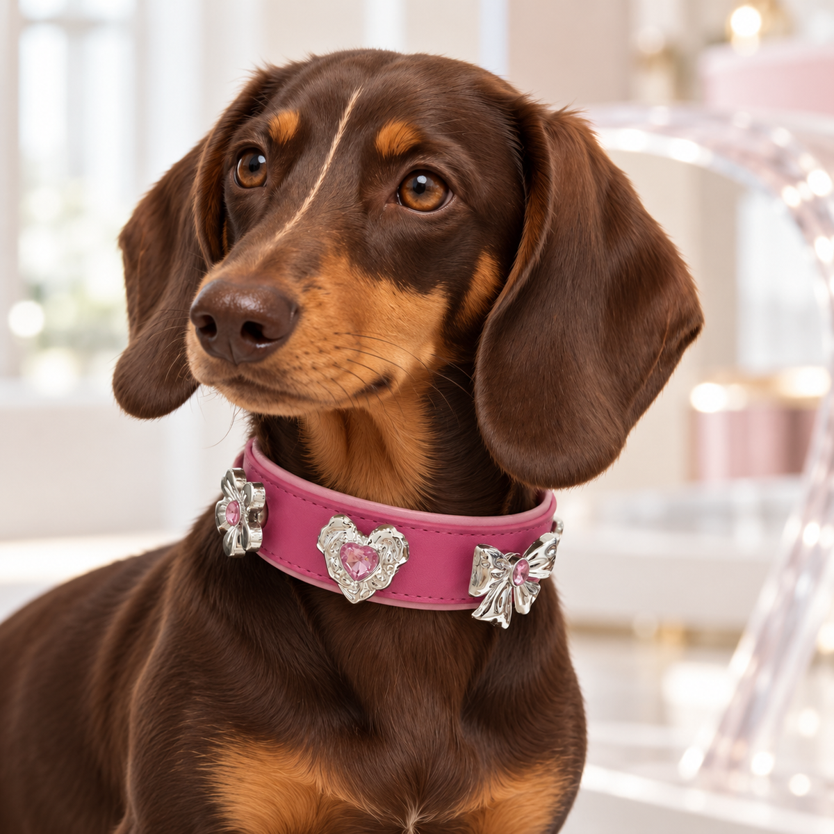 Dachshund wearing a pink collar styled with sparkling pink crystal dog collar charms