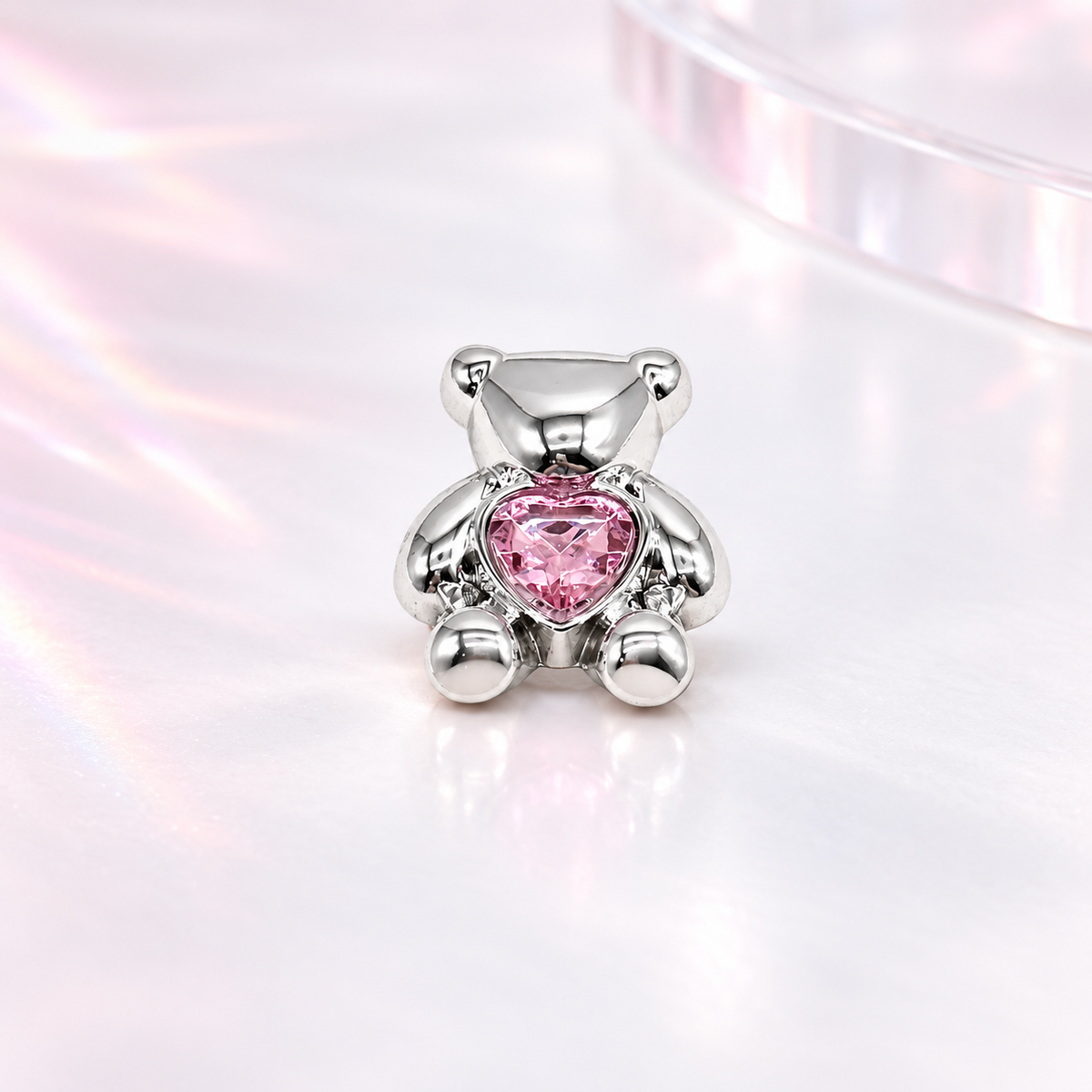 Pink Crystal Teddy dog collar charm with a silver-tone bear design and sparkling pink crystal center