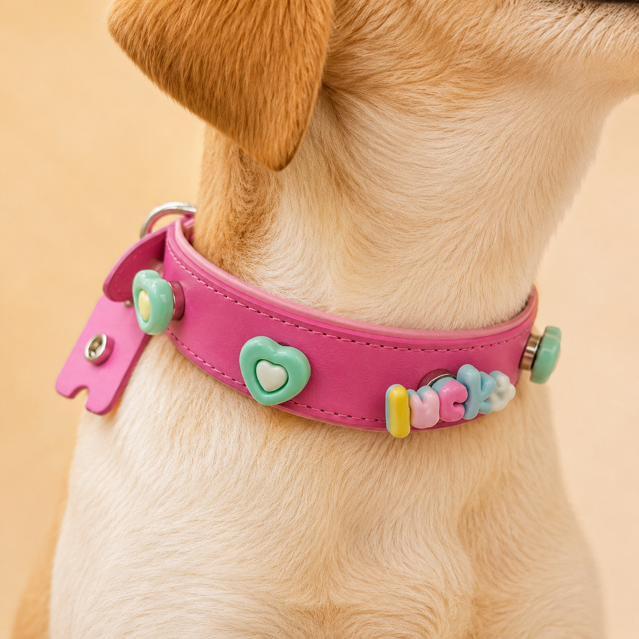 Pink dog collar featuring lucky letter snap-on charm with green heart accents, aesthetic pastel pet collar styling for small dogs