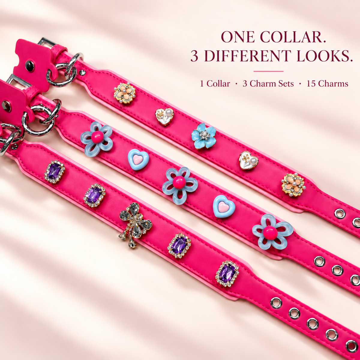 Pink dog collar starter kit with 3 interchangeable charm sets and 15 dog collar charms