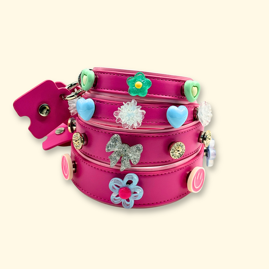 pink dog collar with interchangeable charms for dogs and cats featuring cute customizable pet accessories