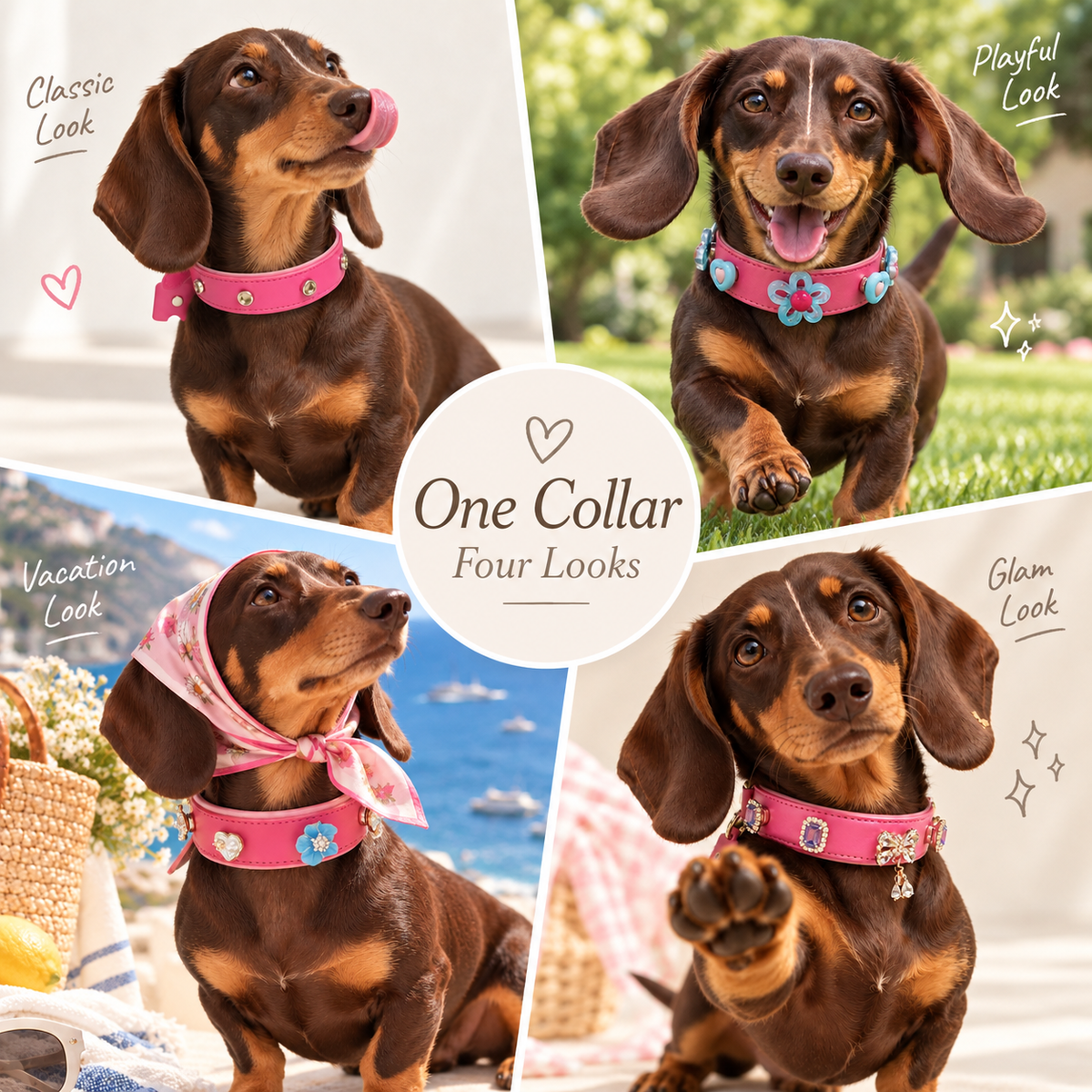Dachshund wearing a pink dog collar styled in four looks with interchangeable dog collar charms