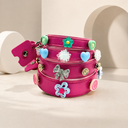 Pink dog collar with colorful interchangeable charms in heart, flower, bow and smiley designs