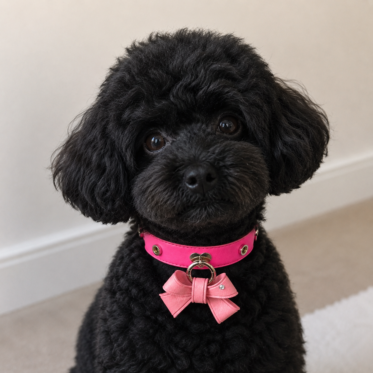toy poodle wearing a pink interchangeable dog collar with removable bow charm