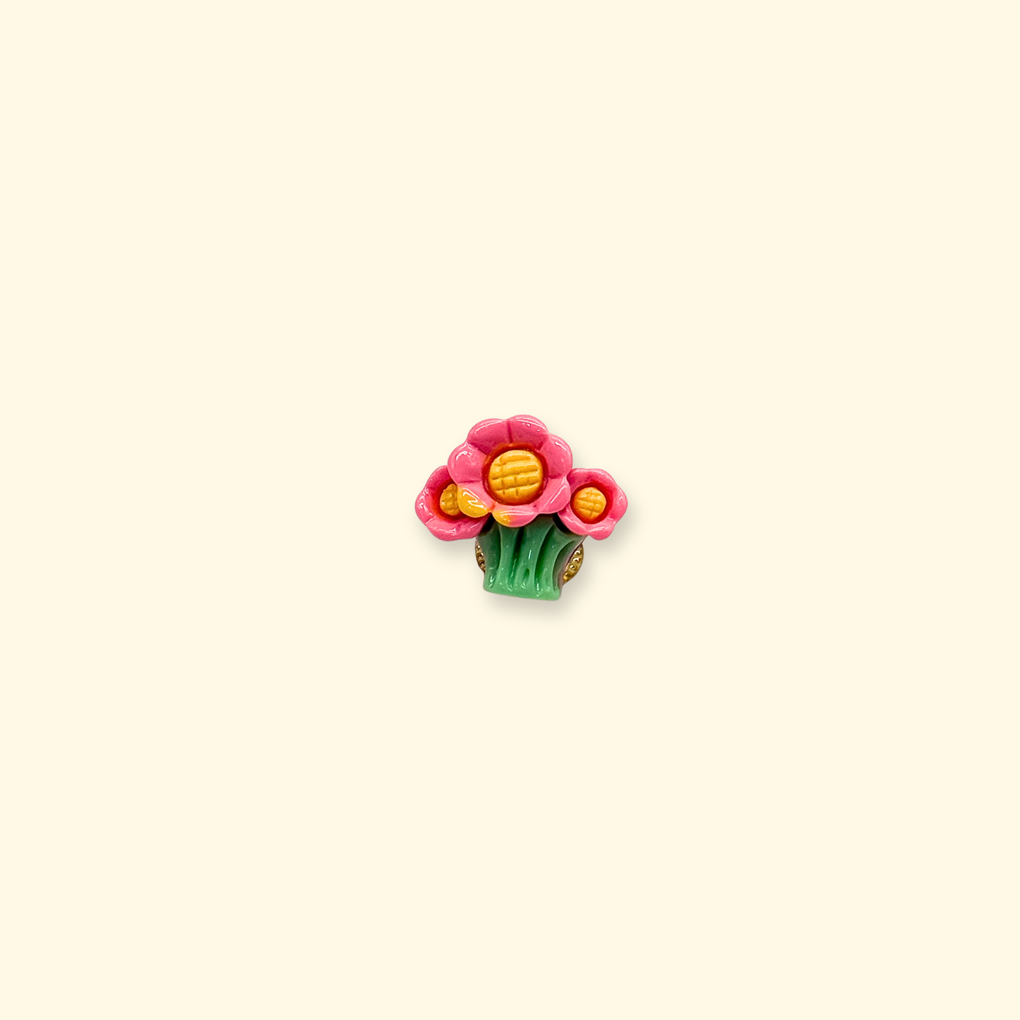 Pink flower dog collar charm with green stem in kawaii floral style, lightweight snap-on pet collar accessory
