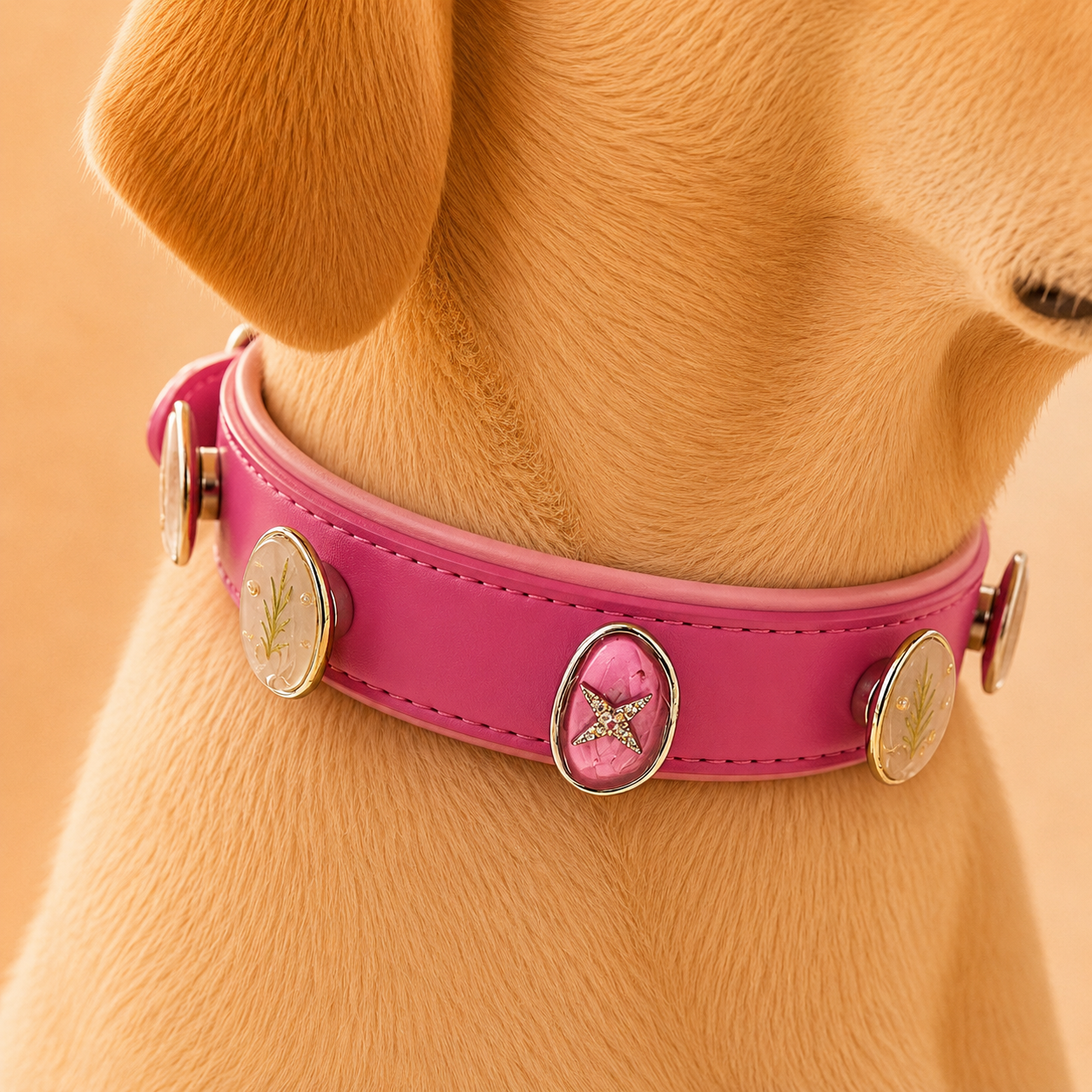 Close-up of a dog wearing a pink interchangeable leather dog collar decorated with cute snap-on charms including star and botanical leaf designs, soft warm aesthetic pet styling for small to medium dogs.