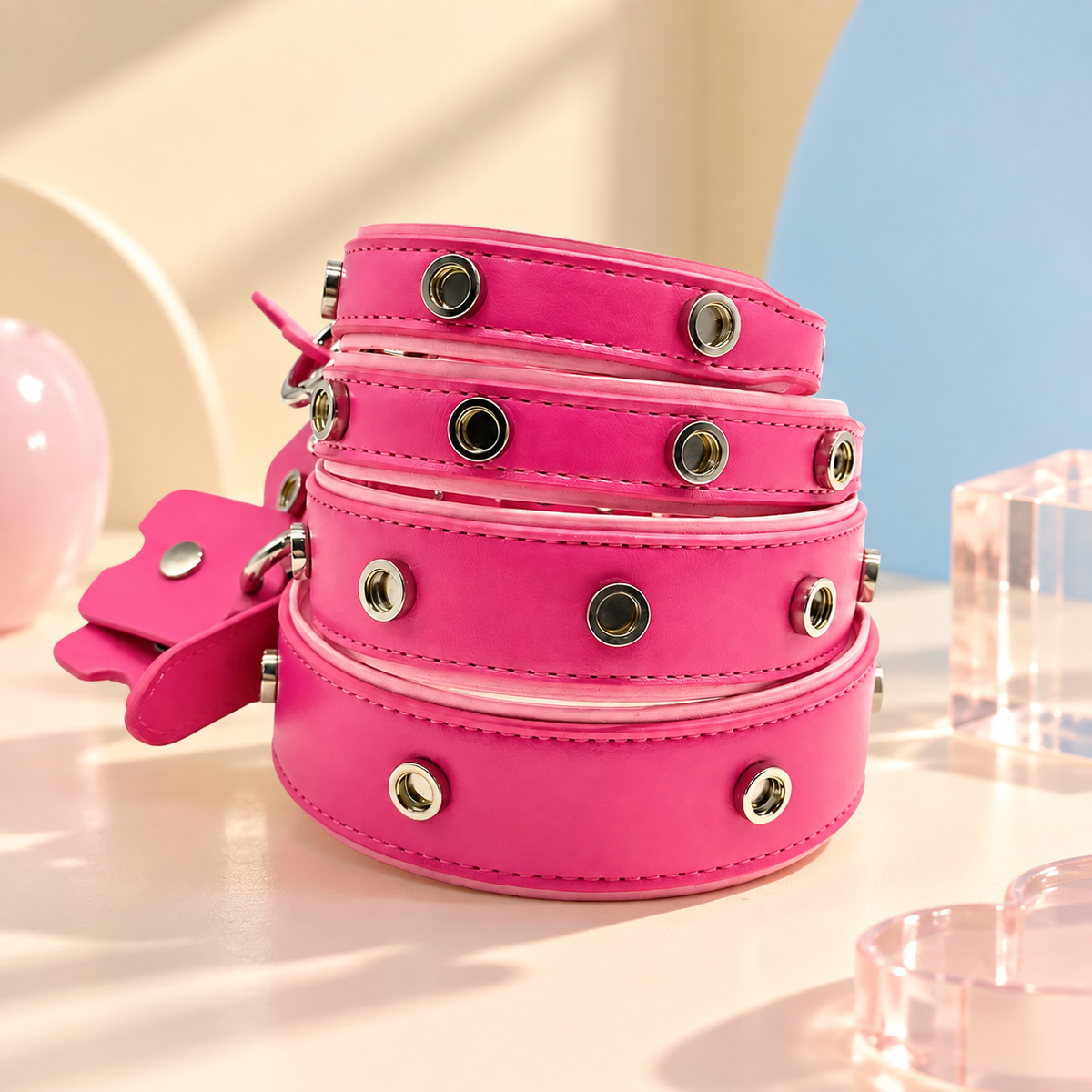 Pink PETIRIA interchangeable dog collars in multiple sizes with snap-on charm attachment points