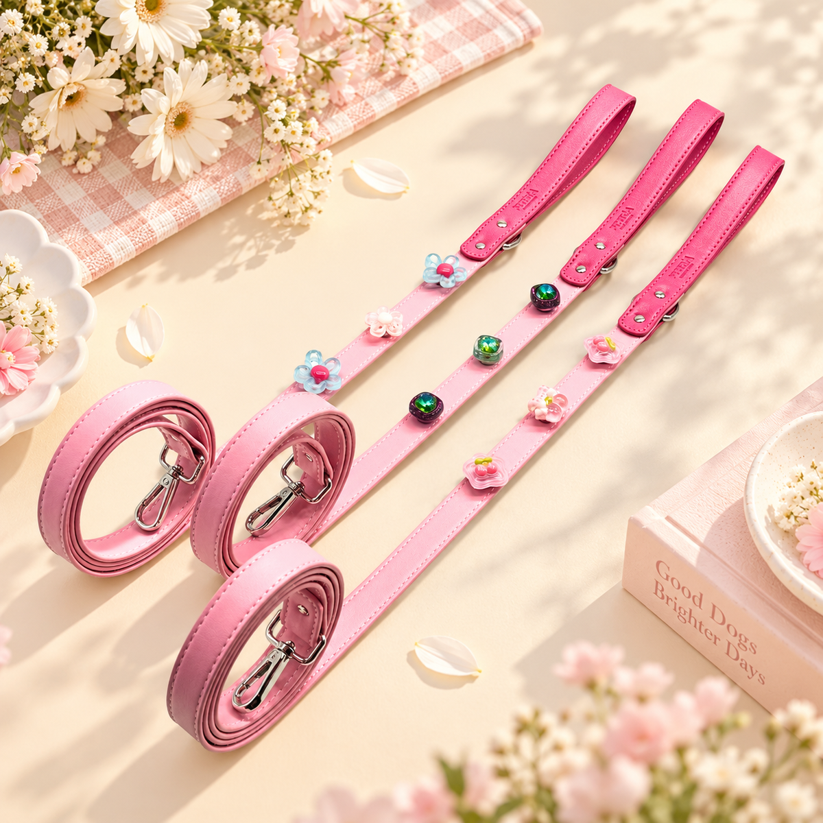 Pink PETIRIA dog leashes styled with interchangeable charms and matching leash hardware