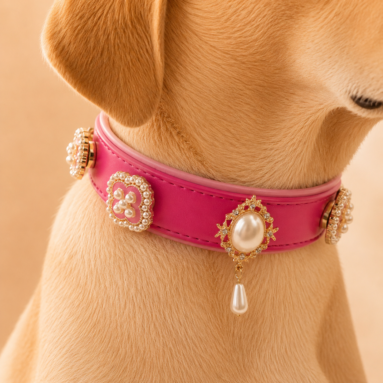 Small dog wearing a pink leather collar with pearl and gold-framed charms, styled in a luxury pet accessory look