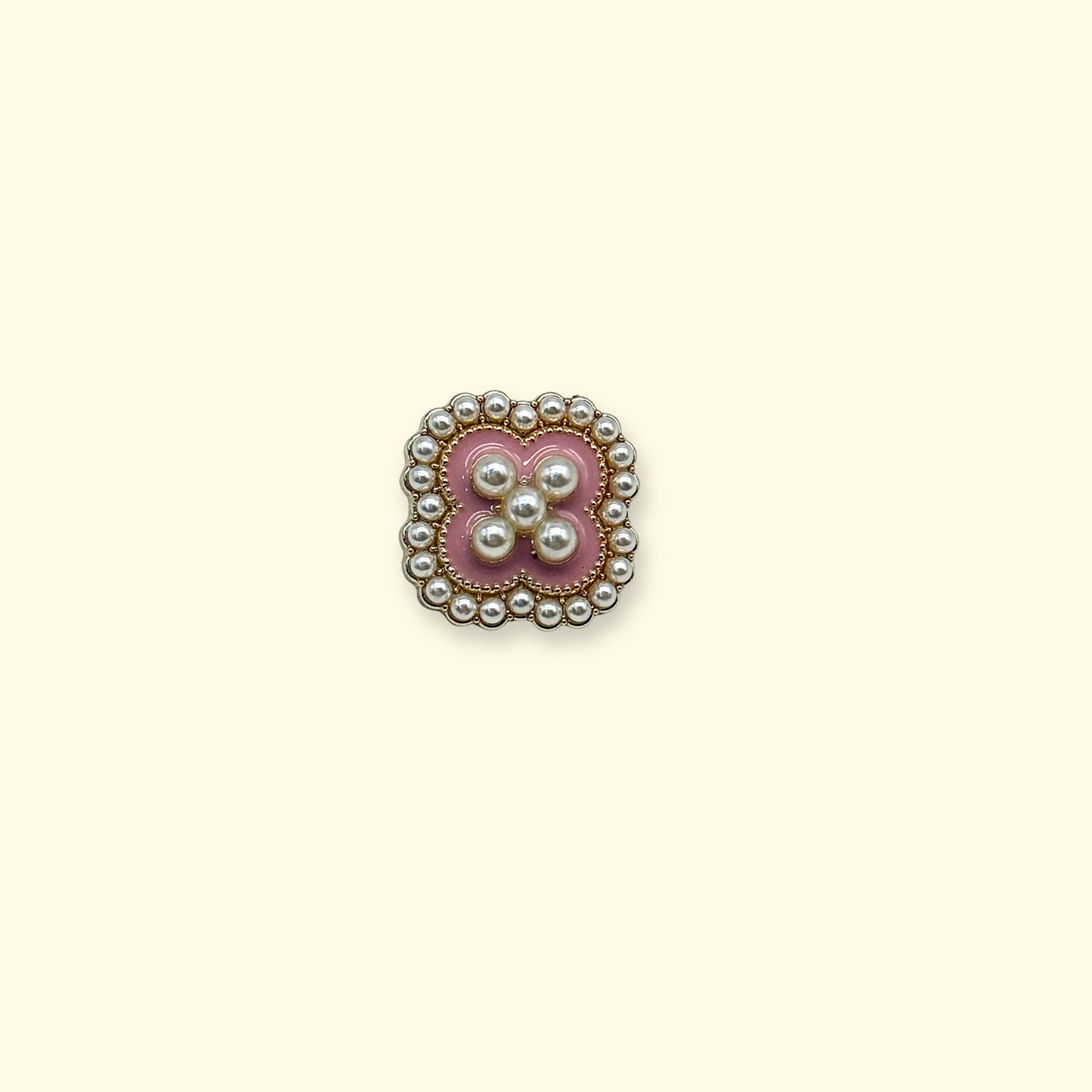 Square-shaped pink enamel dog collar charm with pearl flower design and gold trim