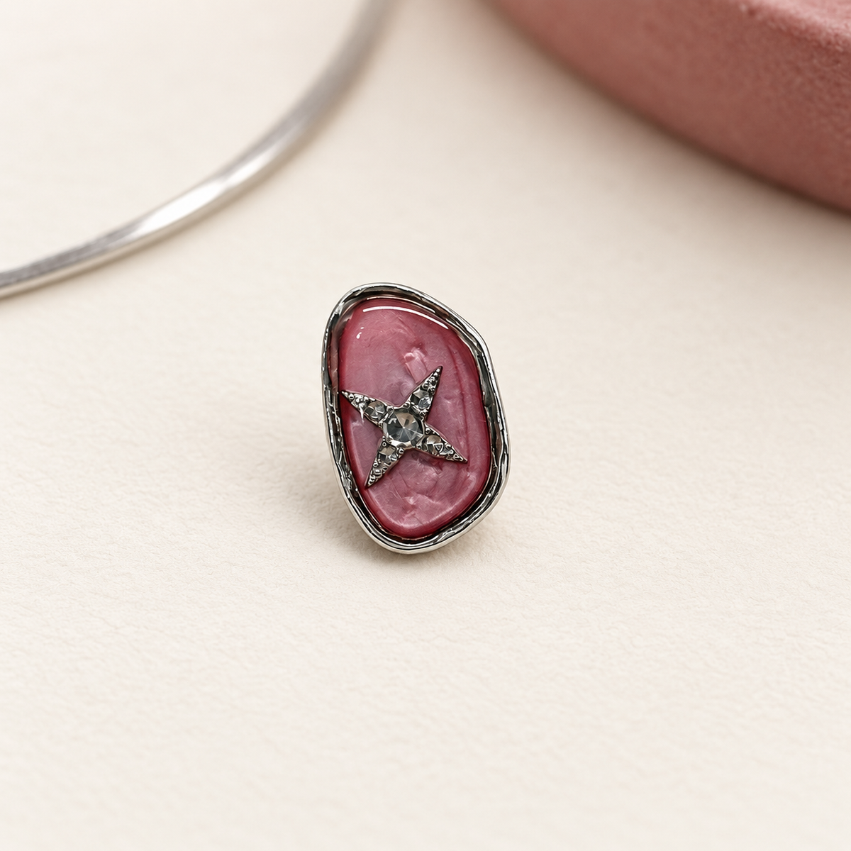 Pink Star dog collar charm with a silver-tone star motif, pink background and vintage oval frame