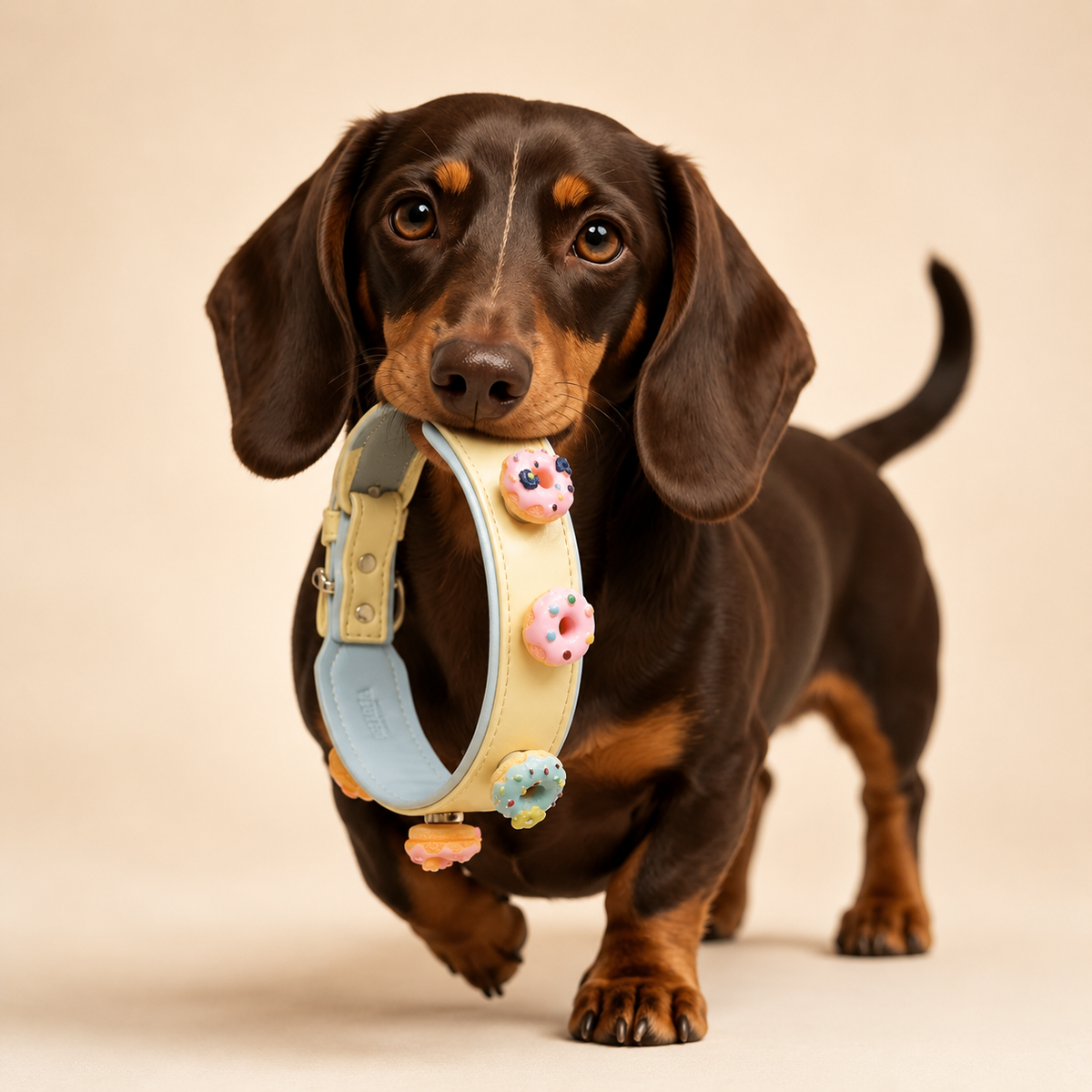 Dachshund holding a Petiria collar decorated with colorful dessert dog collar charms