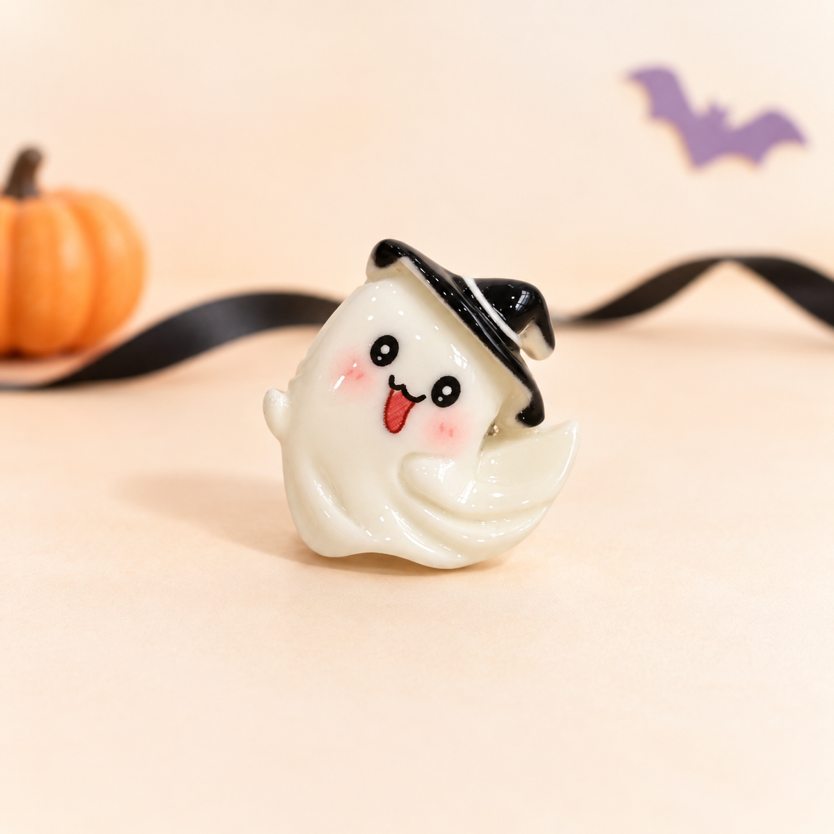 Cute white ghost dog collar charm with a playful face and black hood detail for Halloween