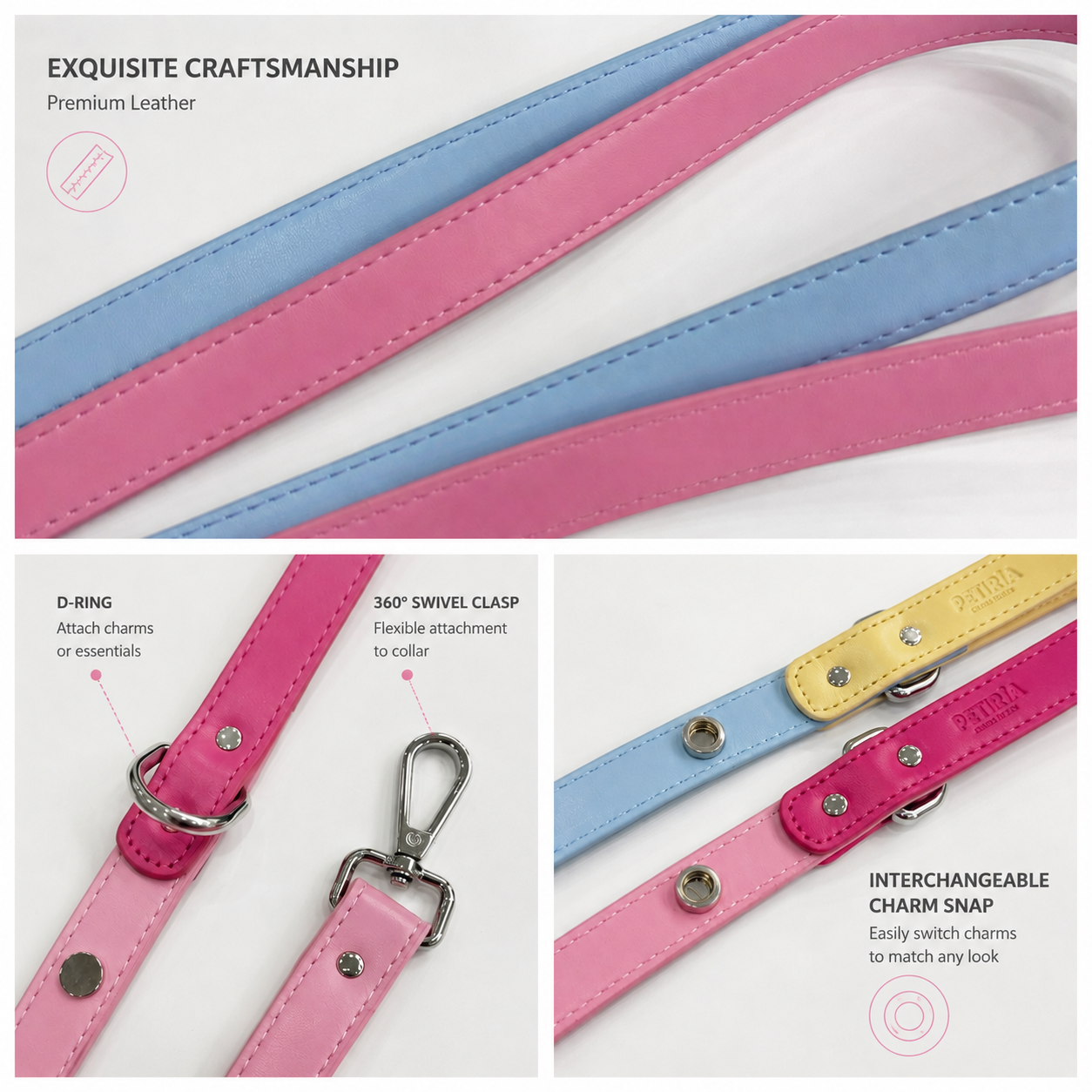 Close-up details of Petiria premium leather dog leash showing soft material, durable stitching, swivel clasp and charm attachment design