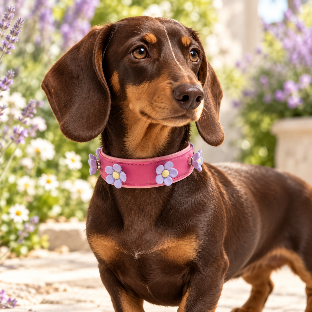 Dachshund wearing a pink collar styled with purple daisy dog collar charms