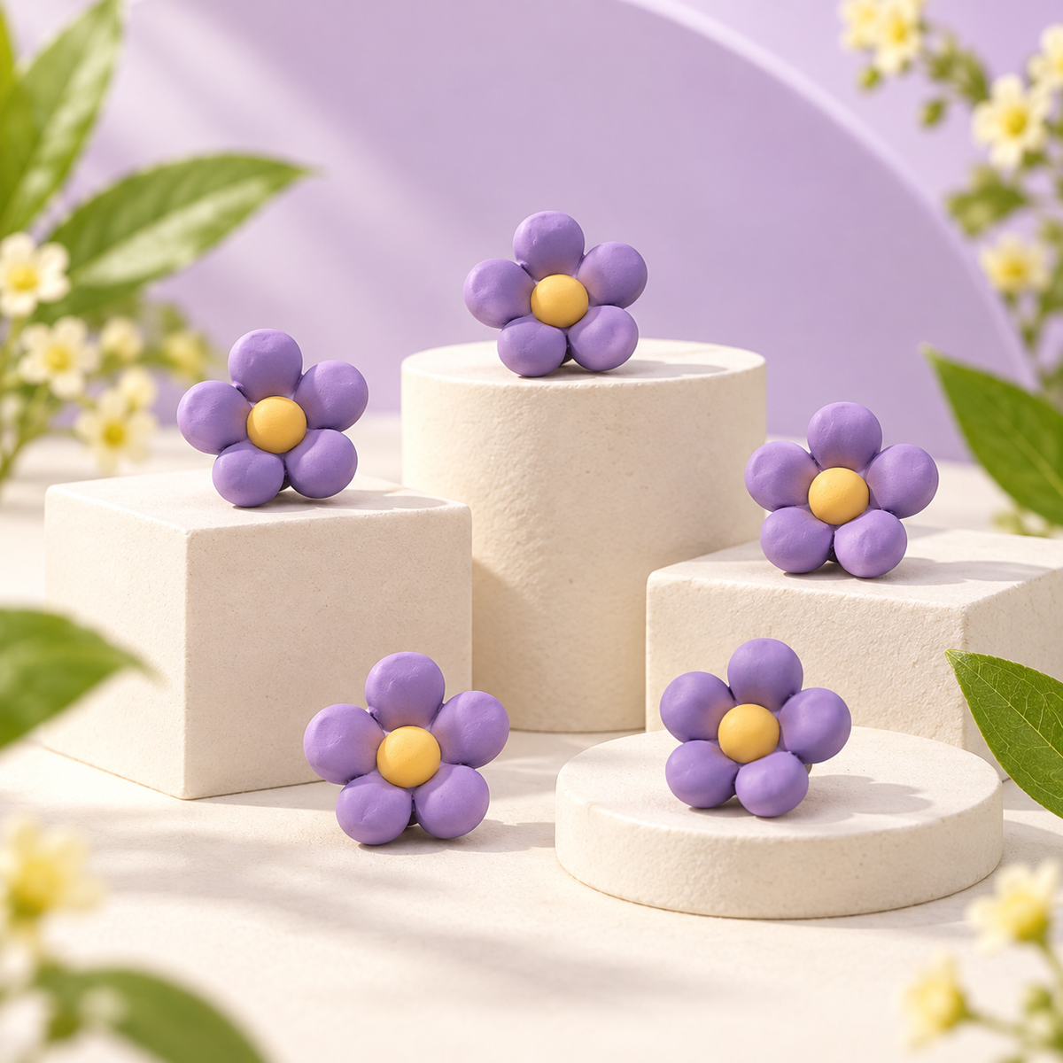 Purple flower dog collar charms with soft purple petals and contrasting yellow centers