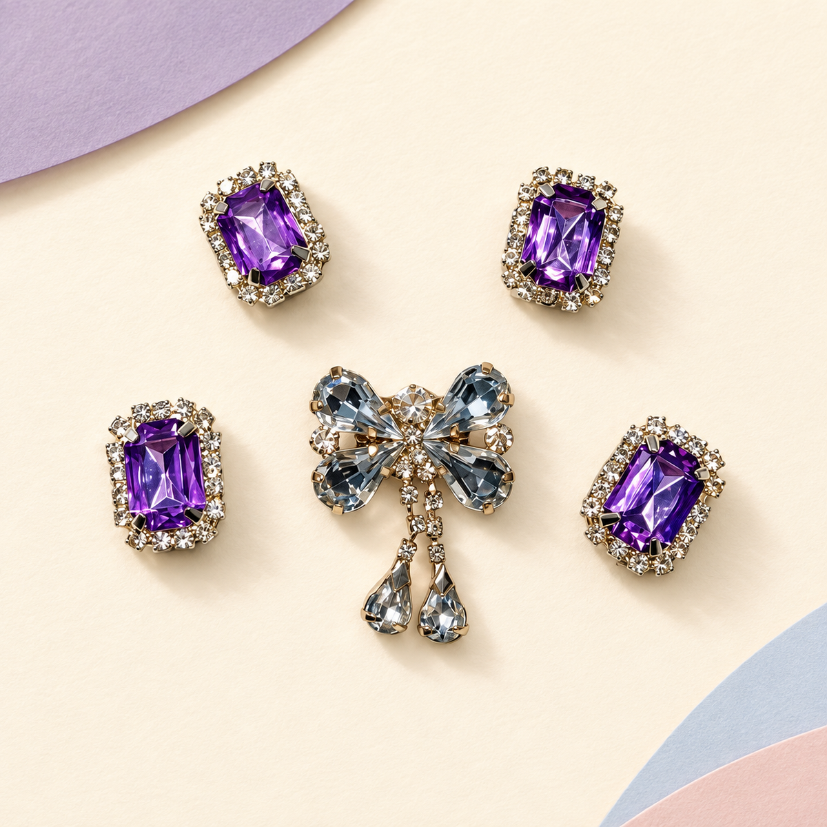 Purple rhinestone dog collar charms set with 5 sparkling gemstone and bow pet collar charms