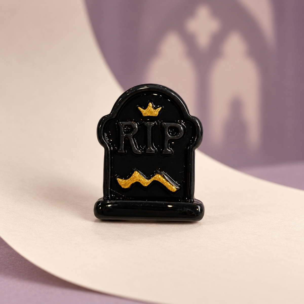 Black RIP tombstone dog collar charm with gold details for a gothic Halloween collar look