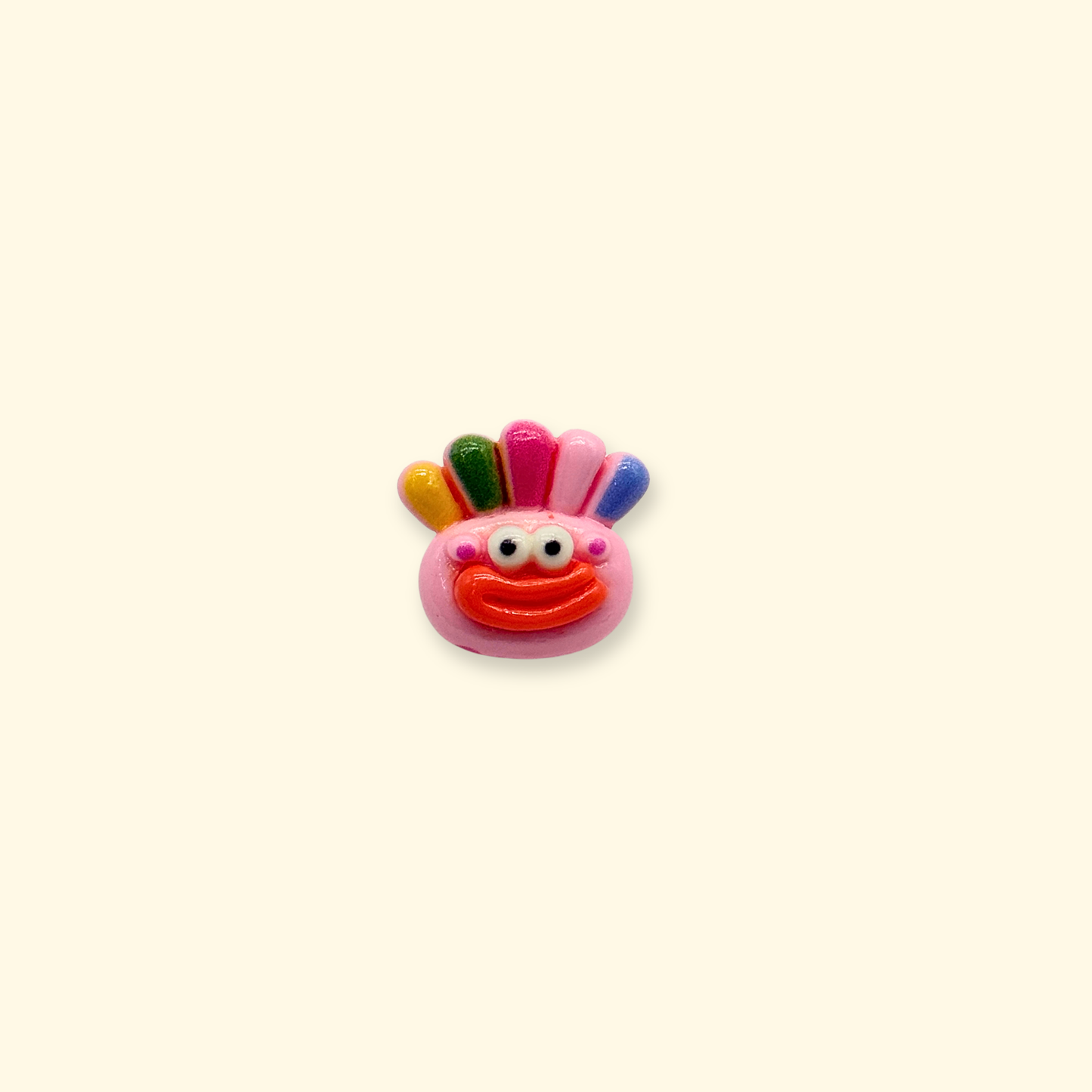 Pink emoji dog charm with colorful rainbow hair design for fun and creative pet collar customization