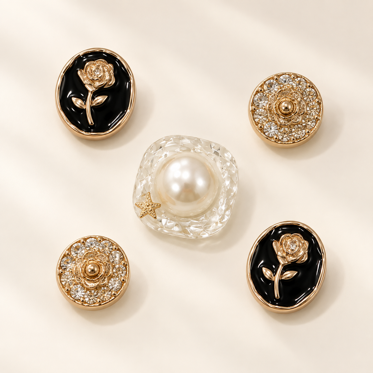 Rose and pearl dog collar charm collection featuring Pearl Star, Crystal Rose Medallion and Black Rose Cameo designs