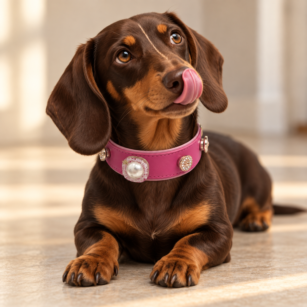 Dachshund wearing a pink collar styled with rose and pearl dog collar charms